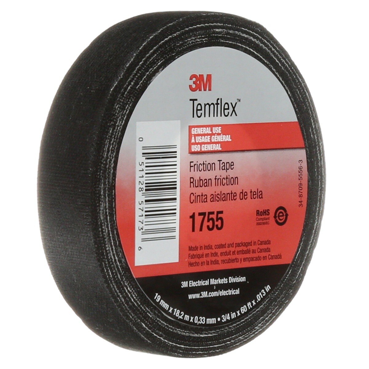 3M 1755 1755-3/4X60FT Temflex Cotton Friction Tape, Black, 3/4 in x 60 ft (7000058870) - 5
