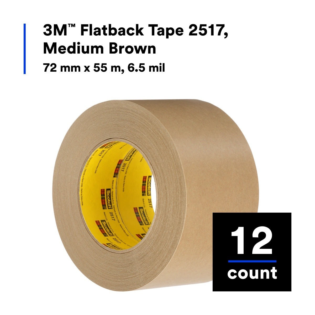 3M 2517 Flatback Tape, Medium Brown, 6.5 mil, 72 mm x 55 m (7000088503) (48 Pack) - 4