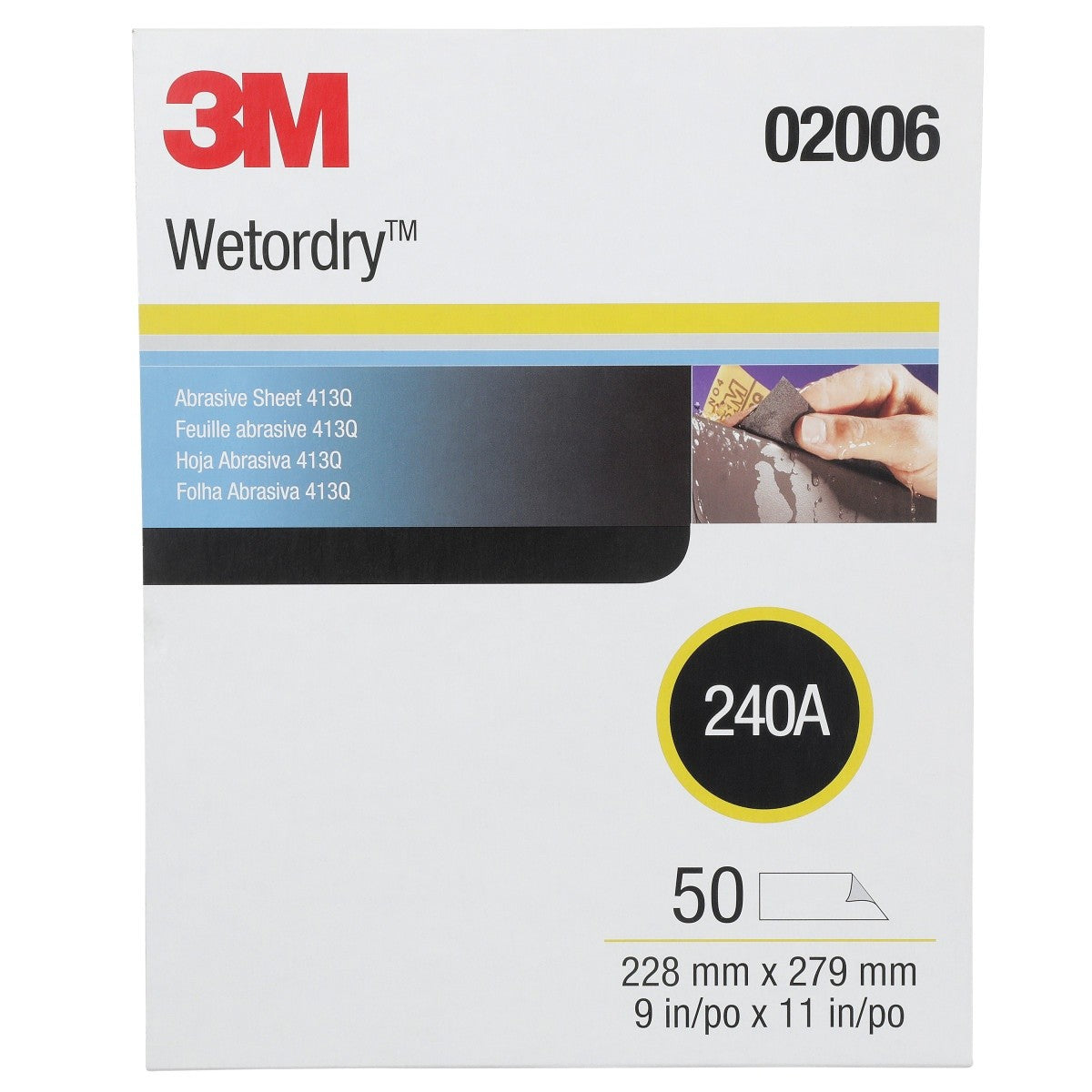 3M 413Q 02006 Wet Dry Abrasive Sheet, SiC 240 Grit, Black, 9 in x 11 in (7000118294) (250 Pack)