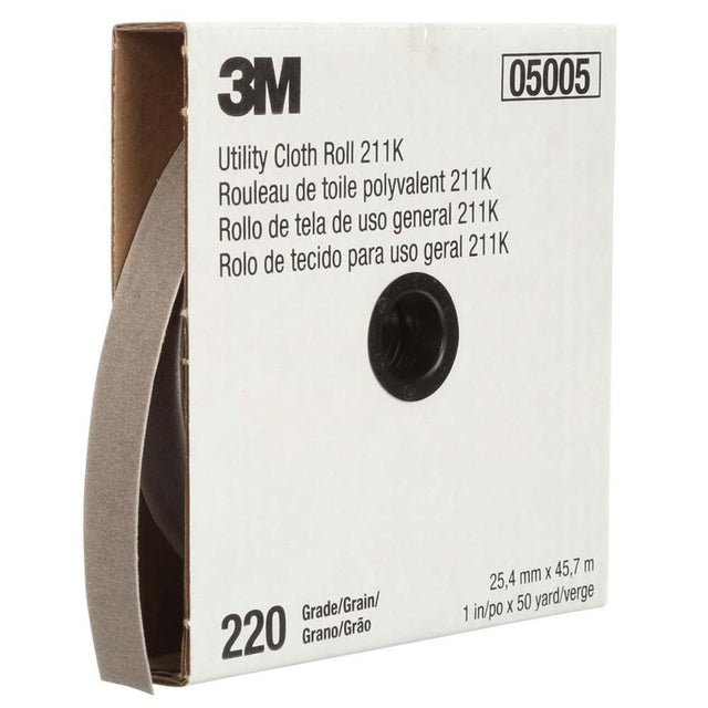 3M 211K Utility Cloth Roll , 220 Grit J-Weight, 1 in x 50 yd, Aluminum Oxide, Full-Flex (7000118343) (5 Pack)