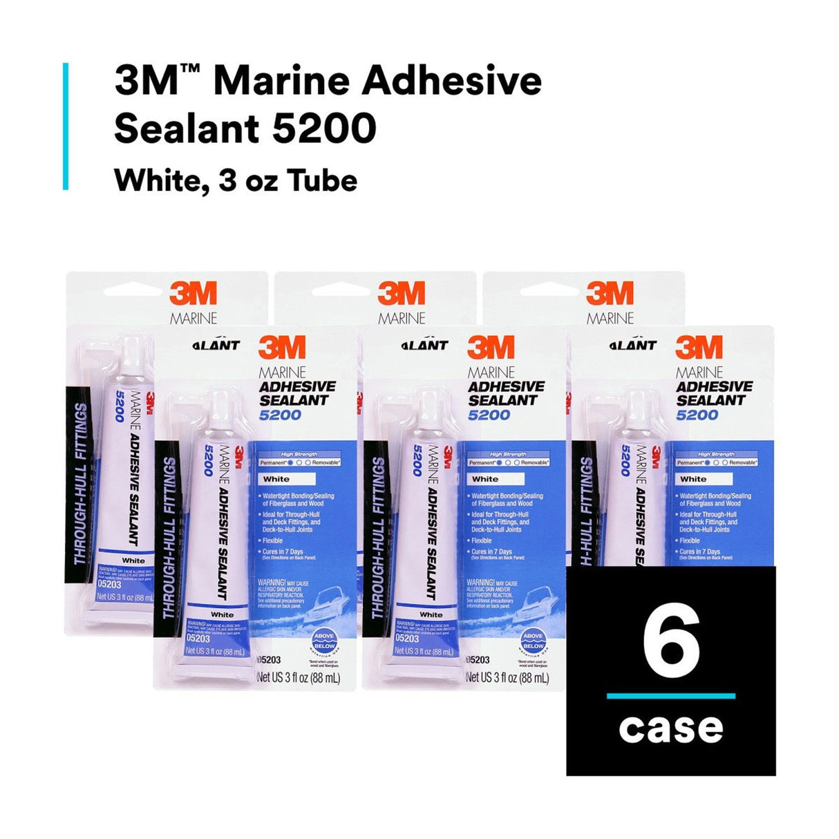 3M 5200 5203 Marine Adhesive Sealant White, 3 fl oz Tube, Permanent Waterproof Bond for Boats and RVs Above and Below Waterline (7000118401) (6 Pack) - 9