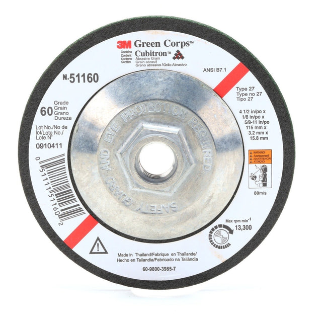 3M Green Corps Flexible Grinding Wheel, T27, 4-1/2 in x 1/8 in x 5/8 in-11 Internal, 36 (7000118597) (40 Pack)