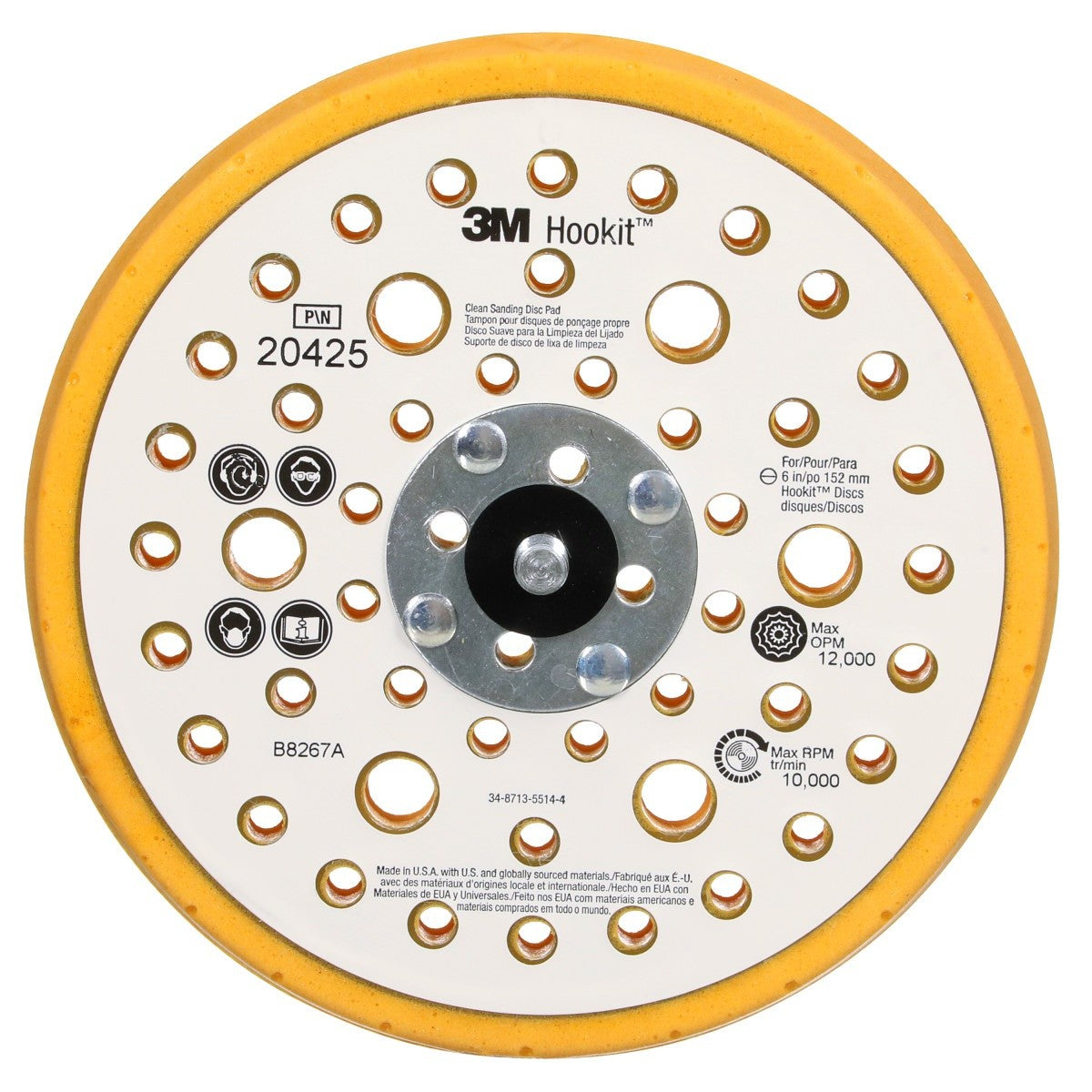 3M 20425 Hookit Soft Disc Pad, Hook and Loop Attachment, Soft, Yellow, 6 in x 1/2 in, 25 Holes (7000118613) (10 Pack)