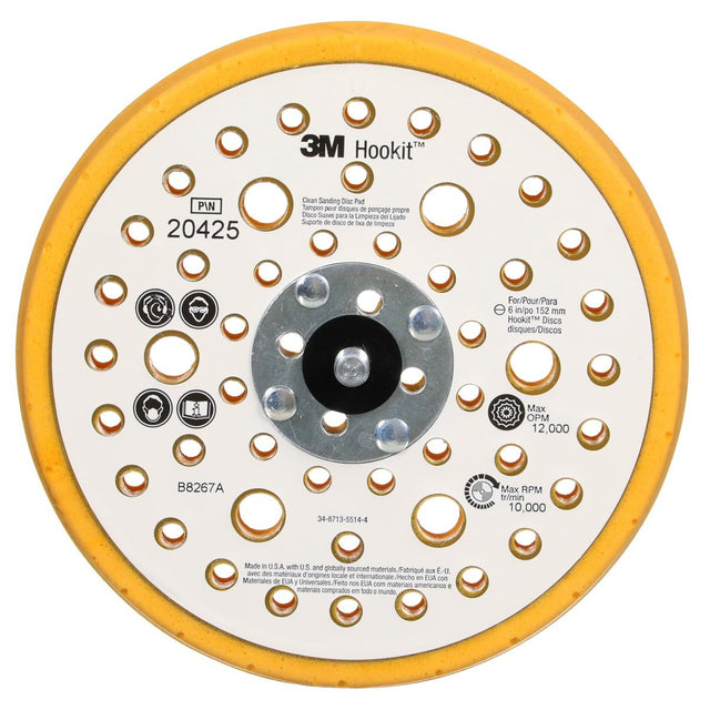 3M 20425 Hookit Soft Disc Pad, Hook and Loop Attachment, Soft, Yellow, 6 in x 1/2 in, 25 Holes (7000118613) (10 Pack)