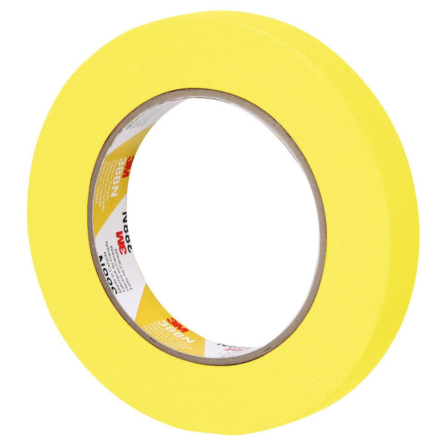 3M 388N 06652 Automotive Refinish Masking Tape, Yellow, Crepe Paper, 18 mm x 55 m, Moisture and Solvent Resistant (7000119815) (48 Pack)