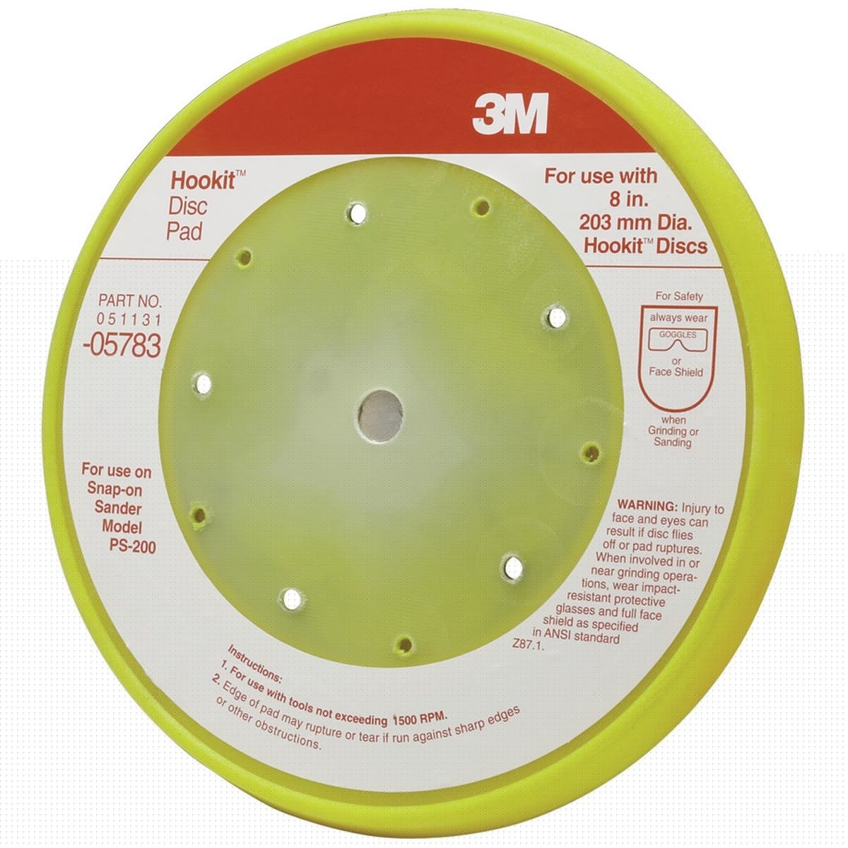 3M 05783 Hookit Pad D/F Back-up Pad, Hook and Loop, 8 in, 5 Bolt Hole, Yellow (7000119884) - 3