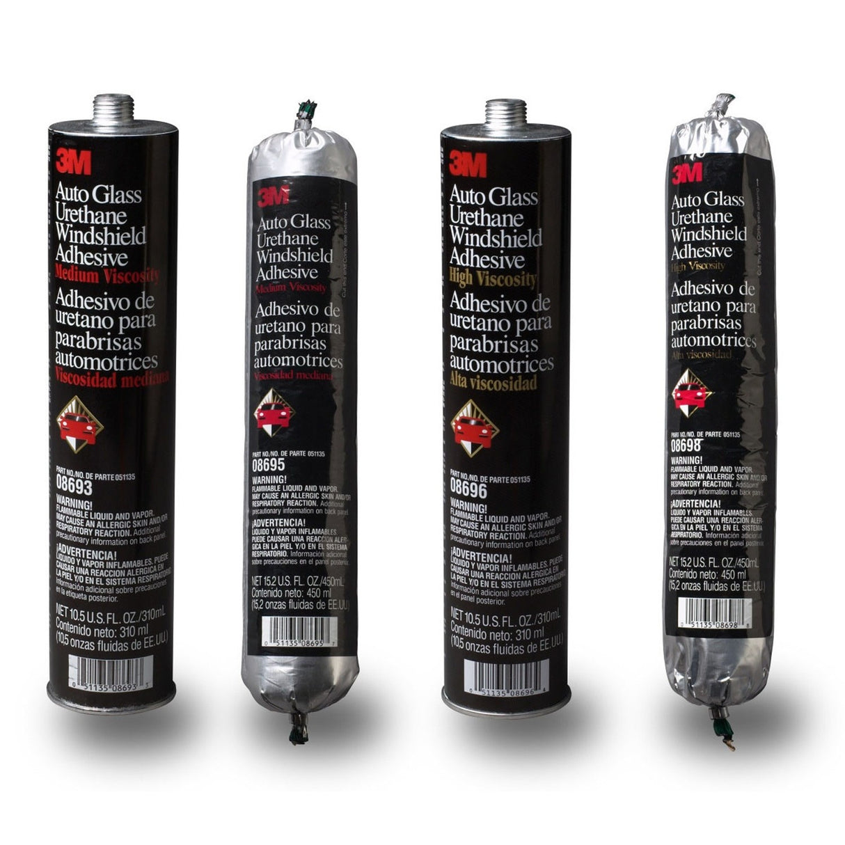 3M 08693 Auto Glass Urethane Windshield Adhesive, Medium Viscosity, High-Strength, Fast-Curing, Black, 310 mL/10.5 fl oz Cartridge (7000120424) (12 Pack) - 7