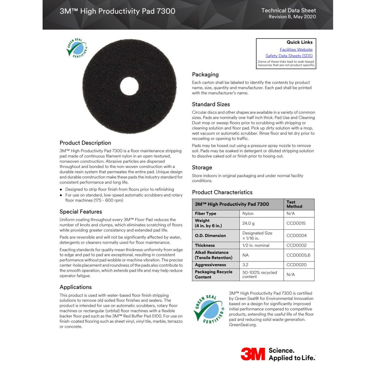 3M 7300 High Productivity Pad Floor Stripping Pad, Extra Coarse, Black, 19 in (7000120568) (5 Pack) - 2