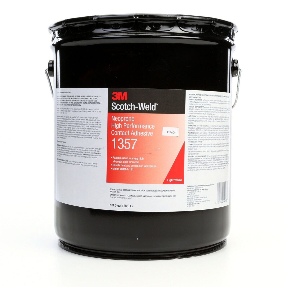 3M 1357 Neoprene High Performance Contact Adhesive , Light Yellow, 5 Gallon Pail Pour Spout (7000121206)