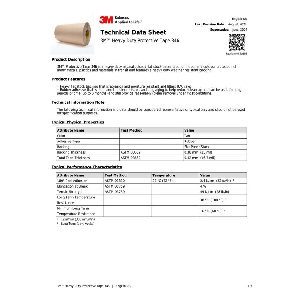 3M 7000123304 Heavy Duty Protective Tape 346, Tan, 18 in x 60 yd, 16.7 mil - 3