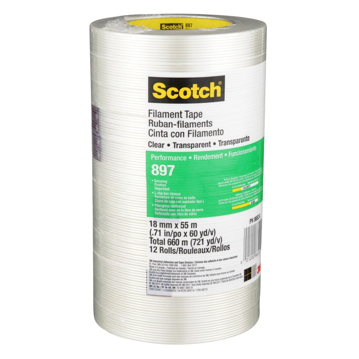 3M 897 Scotch Filament Tape, Clear, 18 mm x 55 m, 5 mil (7000123441) (48 Pack) - 6