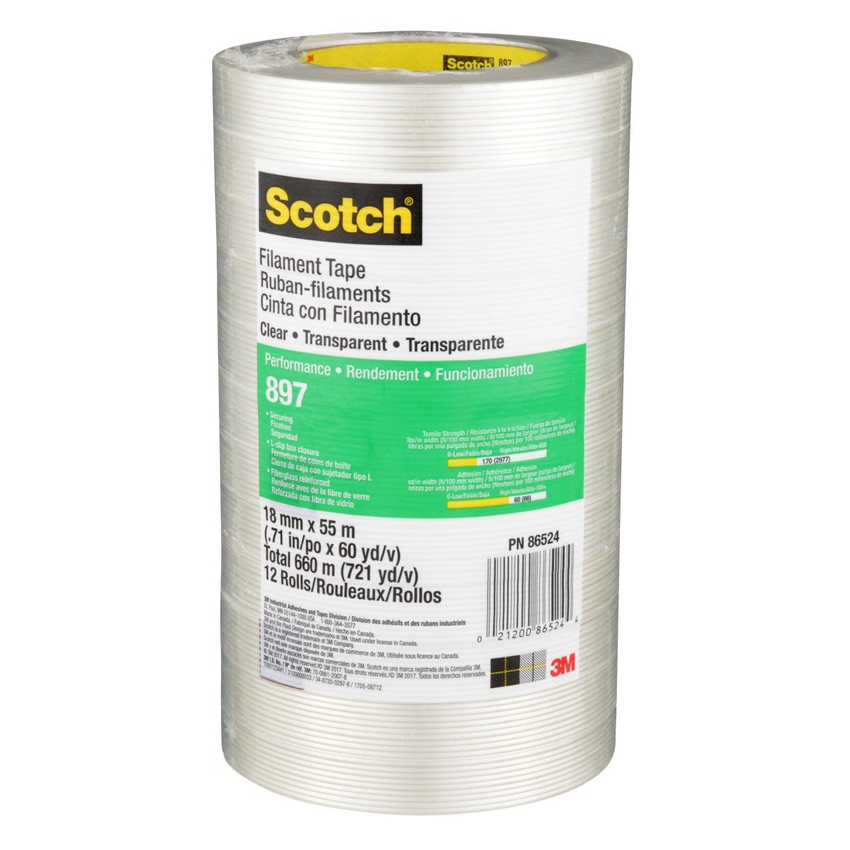 3M 897 Scotch Filament Tape, Clear, 18 mm x 55 m, 5 mil (7000123441) (48 Pack) - 7