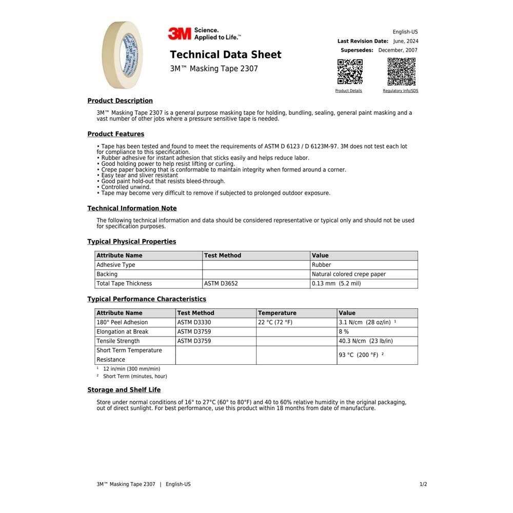 3M 7000123530 Masking Tape 2307, Tan, 18 mm x 55 m, 5.2 mil (48 Pack) - 10