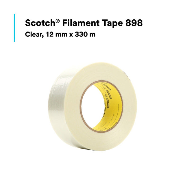 3M 898 Scotch Filament Tape, Clear, 12 mm x 330 m, 6.6 mil (7000123842) (12 Pack)