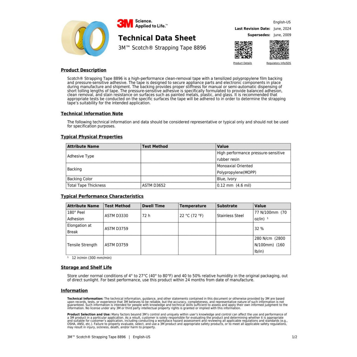 3M 8896 Scotch Strapping Tape, Blue, 24 mm x 55 m (7000123856) (36 Pack) - 2