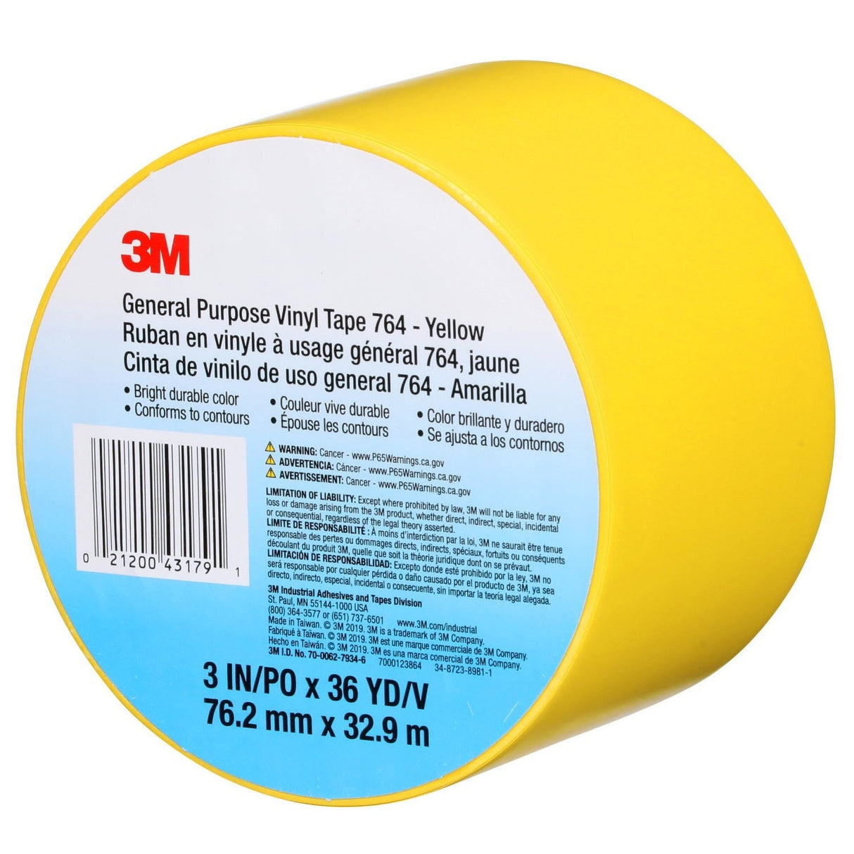 3M 764 General Purpose Vinyl Tape, Yellow, 3 in x 36 yd, 5 mil (43179) (7000123864) (12 Pack) - 8