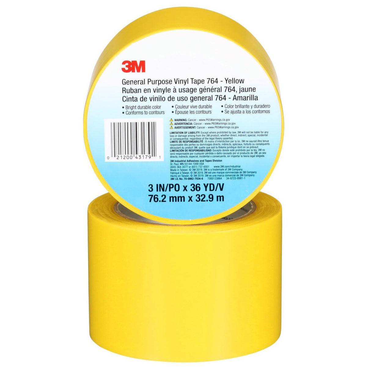 3M 764 General Purpose Vinyl Tape, Yellow, 3 in x 36 yd, 5 mil (43179) (7000123864) (12 Pack) - 10