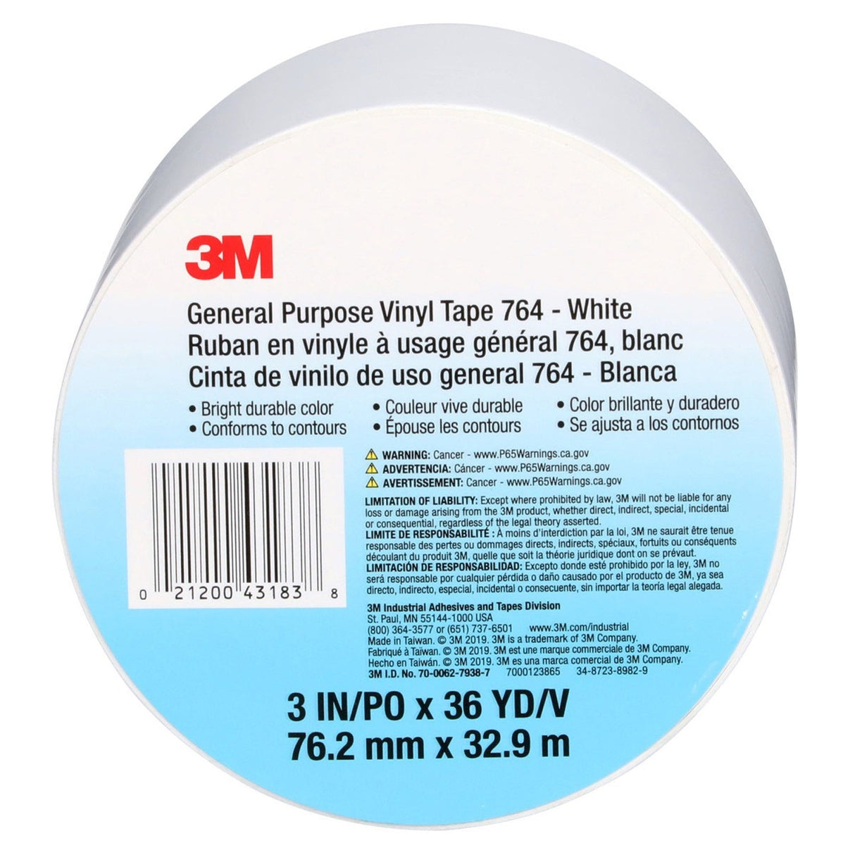 3M 764 43183 General Purpose Vinyl Tape, White, 5 mil, 3 in x 36 yd, Floor Marking, Color Coding (7000123865) (12 Pack) - 7