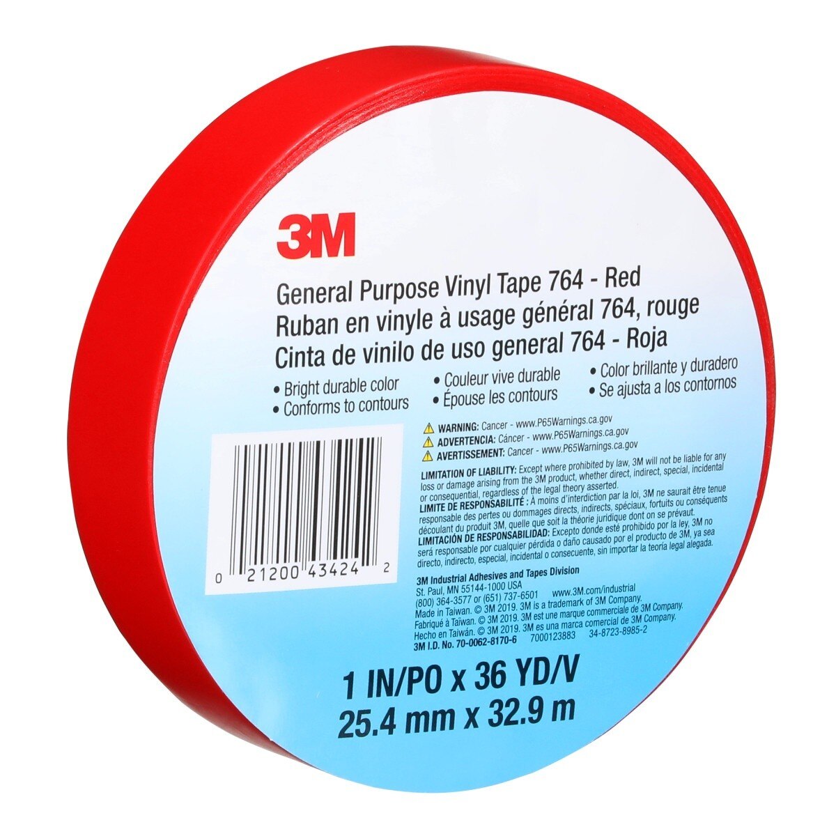 3M 764 General Purpose Vinyl Tape, Red, 5 mil, 1 in x 36 yd (43424) (7000123883) (36 Pack) - 10