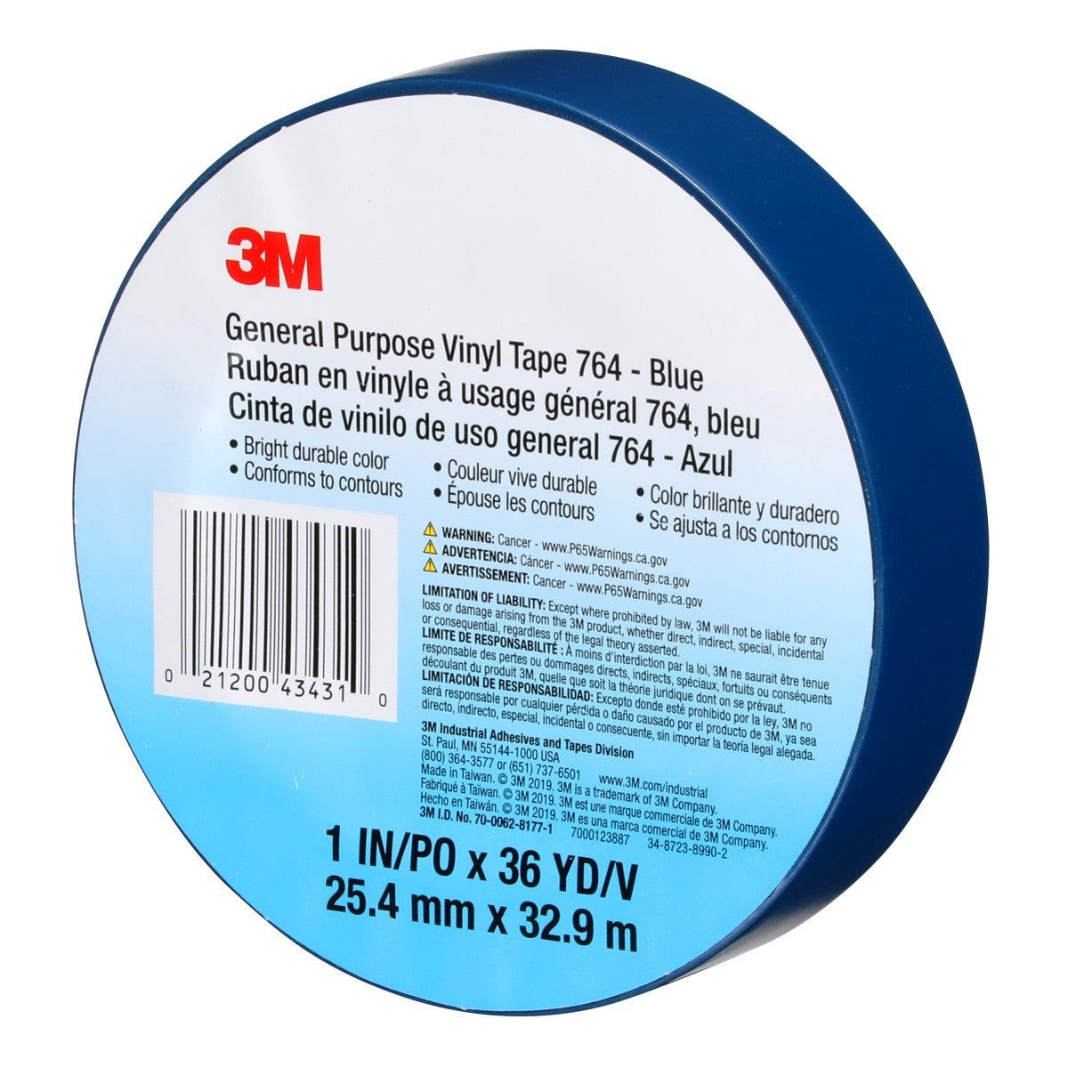 3M 764 General Purpose Vinyl Tape, Blue, 1 in x 36 yd, 5 mil (43431) (7000123887) (36 Pack) - 5