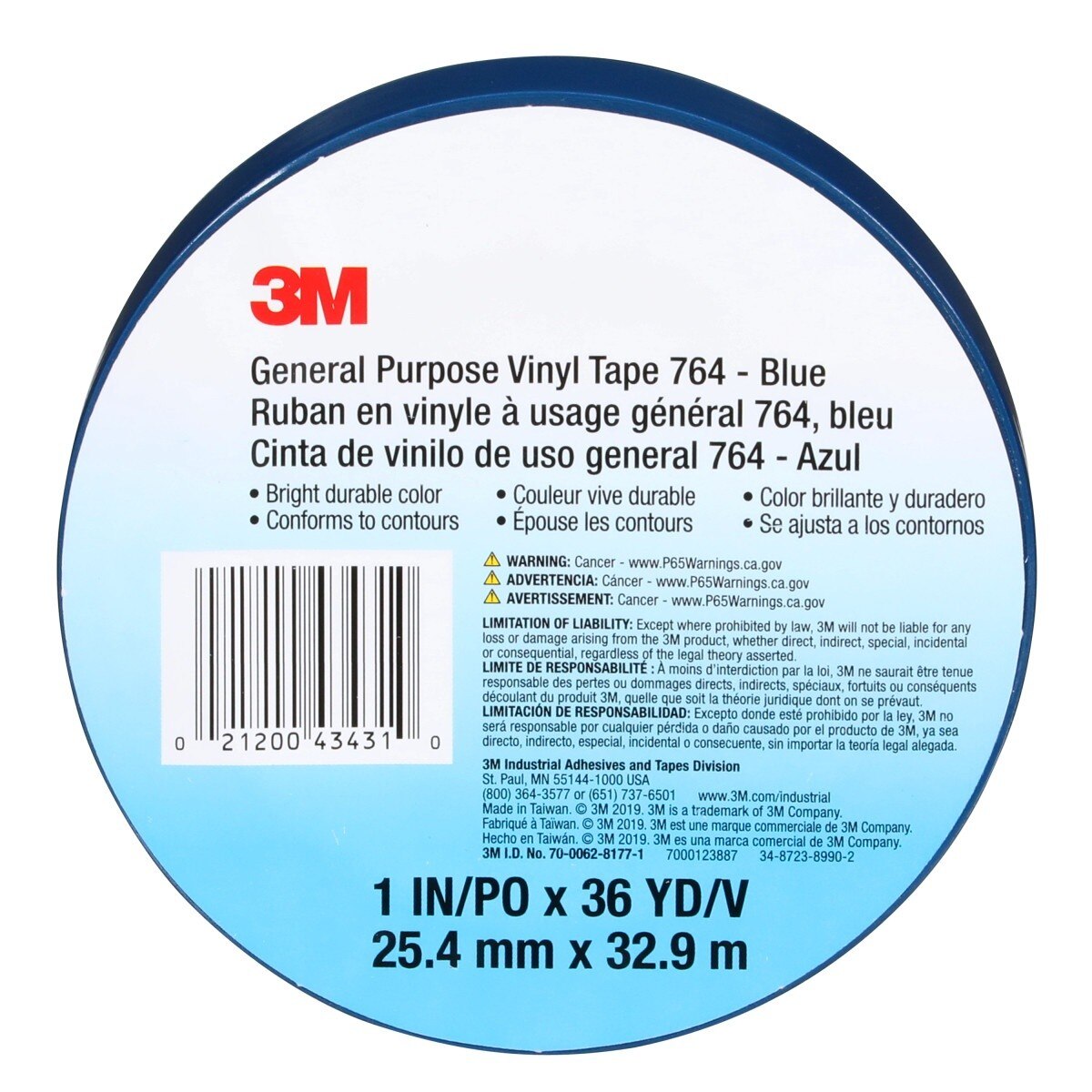 3M 764 General Purpose Vinyl Tape, Blue, 1 in x 36 yd, 5 mil (43431) (7000123887) (36 Pack) - 6