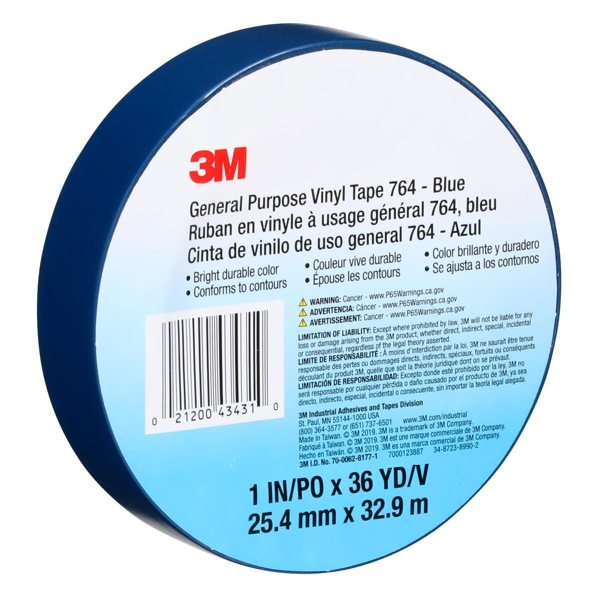 3M 764 General Purpose Vinyl Tape, Blue, 1 in x 36 yd, 5 mil (43431) (7000123887) (36 Pack) - 7