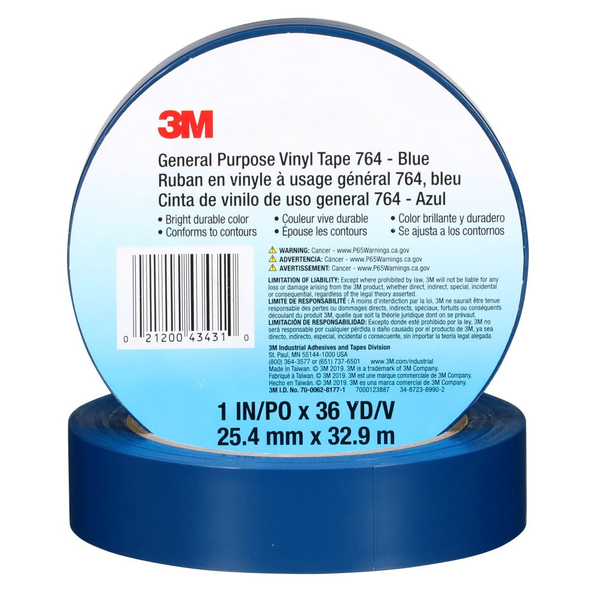 3M 764 General Purpose Vinyl Tape, Blue, 1 in x 36 yd, 5 mil (43431) (7000123887) (36 Pack) - 8