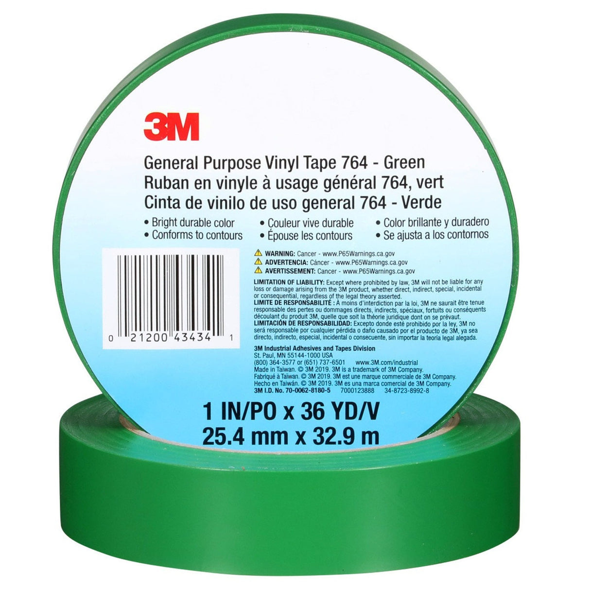 3M 764 General Purpose Vinyl Tape, Green, 1 in x 36 yd, 5 mil (43434) (7000123888) (36 Pack) - 7