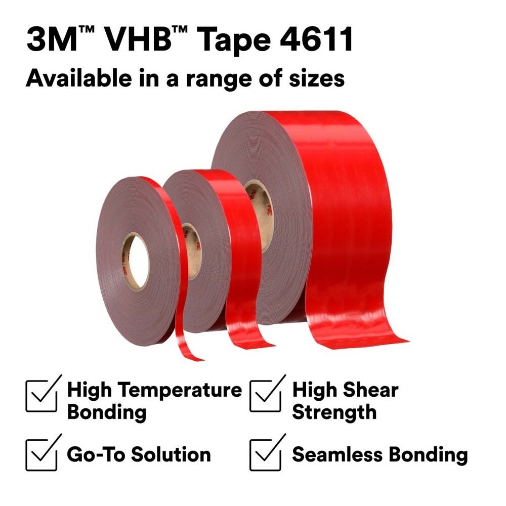 3M 7000123924 VHB Tape 4611 Dark Gray, 1 in x 36 yd, 45 mil for High-Temperature Bonding and HSE Substrates (9 Pack) - 2