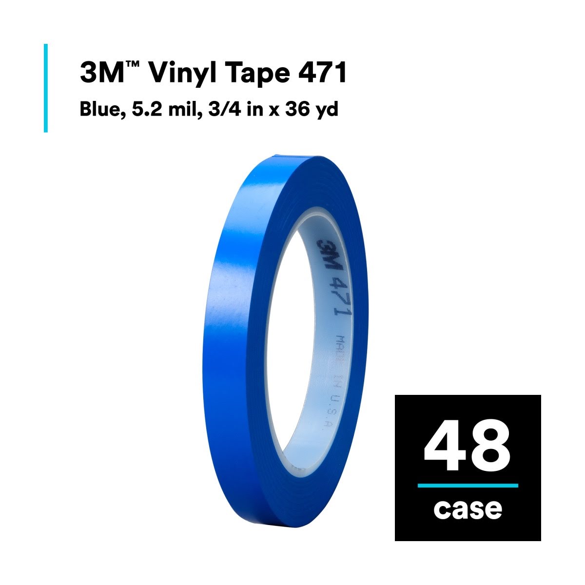 3M Vinyl Tape 471 Blue 5.2 mil 3/4 in x 36 yd 48 Rolls Case (471) (7000124804) (48 Pack) - 10