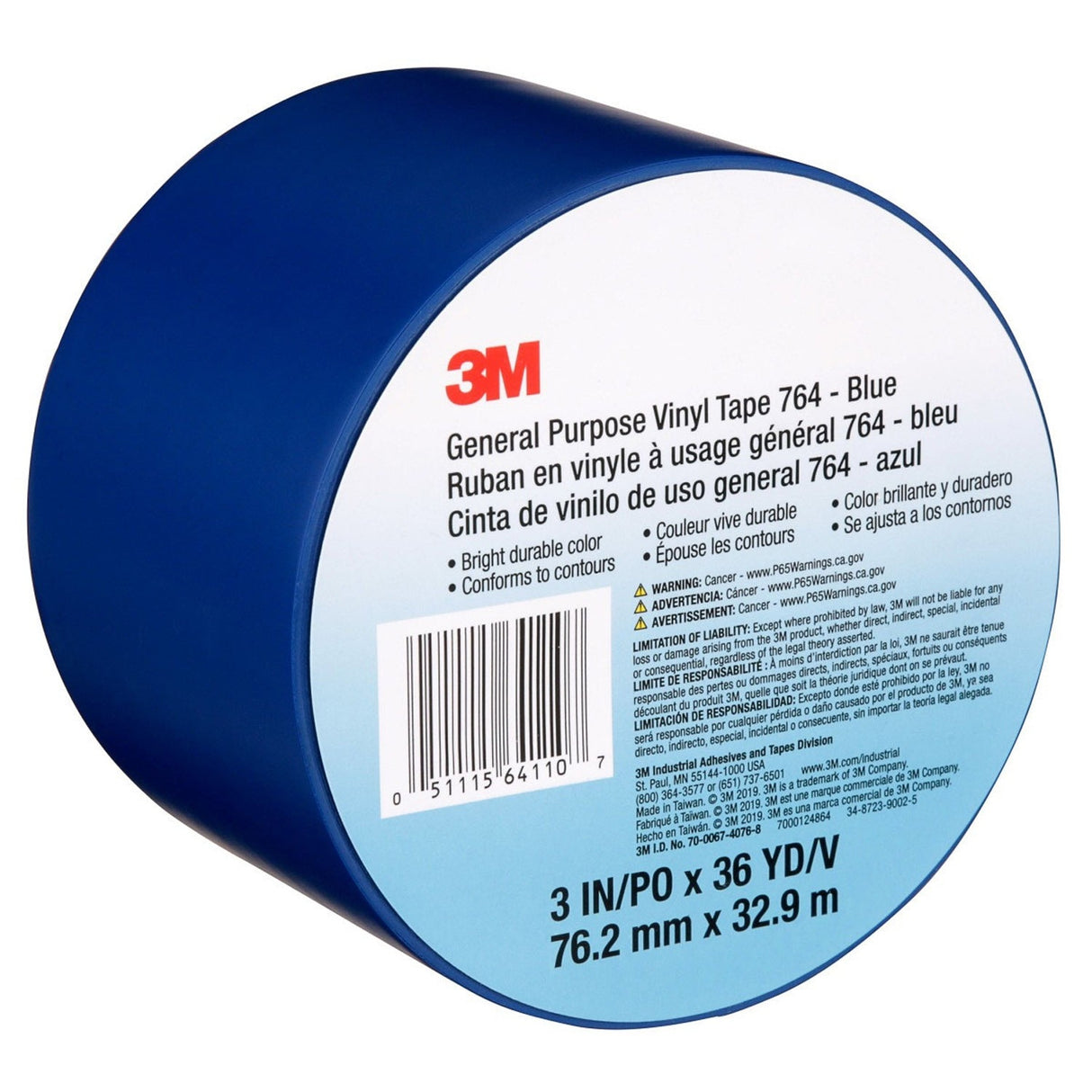 3M 764 Vinyl Tape General Purpose Blue 3 in x 36 yd Light Traffic Floor Marking Tape for Color Coding and Safety (7000124864) (12 Pack) - 7