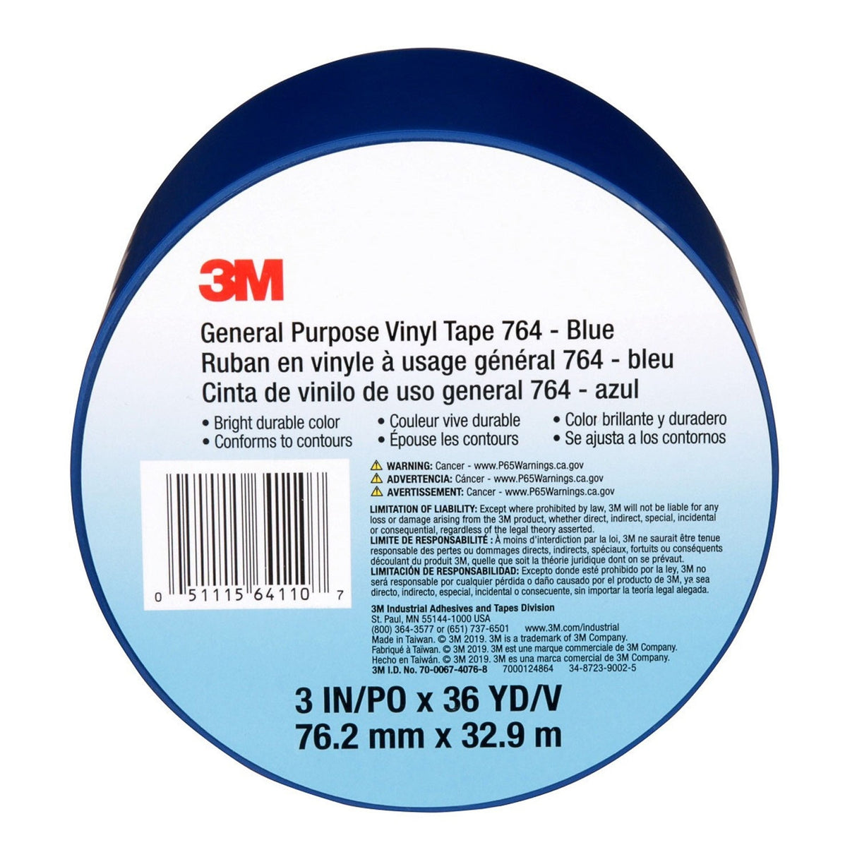 3M 764 Vinyl Tape General Purpose Blue 3 in x 36 yd Light Traffic Floor Marking Tape for Color Coding and Safety (7000124864) (12 Pack) - 9