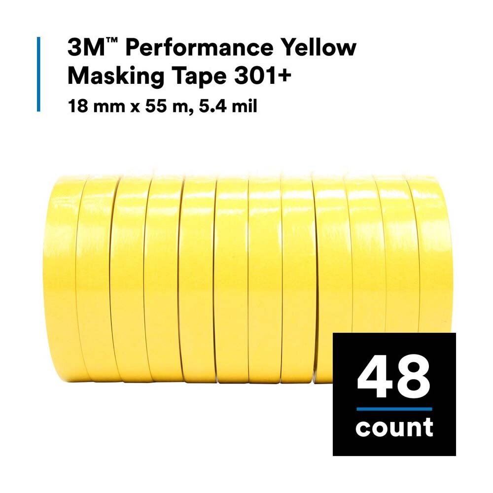 3M 7000124888 Performance Yellow Masking Tape 301+ for Automotive, Specialty Vehicle and Industrial Paint Masking, 18 mm x 55 m (48 Pack) - 7
