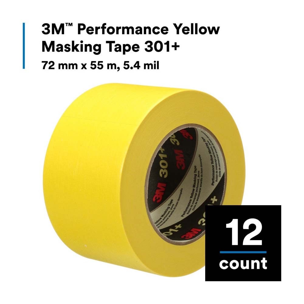 3M 301+ Performance Yellow Masking Tape , 72 mm x 55 m, 6.3 mil (7000124892) (12 Pack) - 3