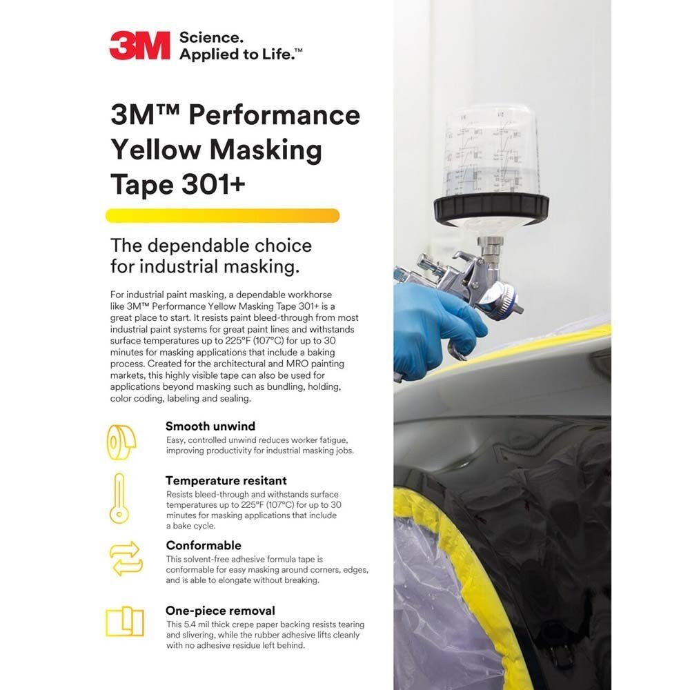 3M 7000124892 Performance Yellow Masking Tape 301+, 72 mm x 55 m, 6.3 mil (12 Pack) - 8