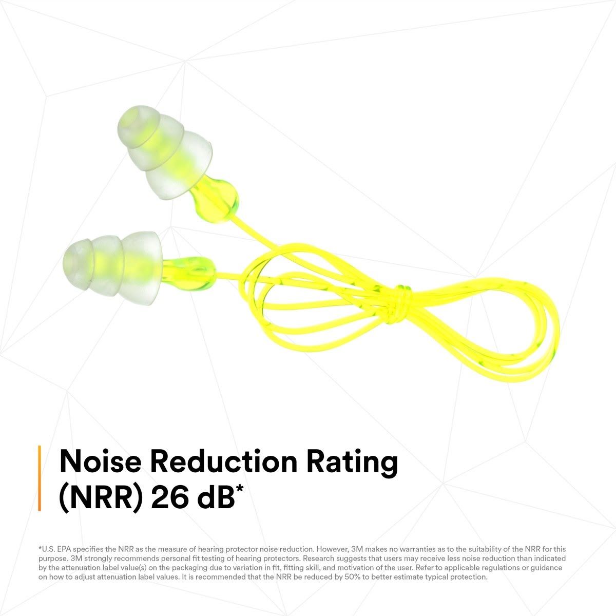 3M P3000 Tri-Flange Earplugs, Corded, Reusable, NRR 26 dB, Transparent with Yellow Vinyl Cord (7000127187) (400 Pack) - 6