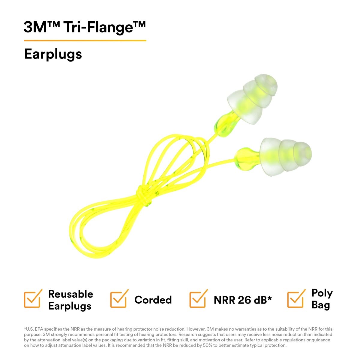 3M P3000 Tri-Flange Earplugs, Corded, Reusable, NRR 26 dB, Transparent with Yellow Vinyl Cord (7000127187) (400 Pack) - 8