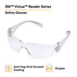 3M 11514-00000-20 Virtua Safety Glasses with Readers, +2.0 Diopter, Clear Anti-Fog Polycarbonate Lens, Clear Frame, ANSI Z87.1-2015 (7000127512) (20 Pack) - 2