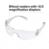 3M 11514-00000-20 Virtua Safety Glasses with Readers, +2.0 Diopter, Clear Anti-Fog Polycarbonate Lens, Clear Frame, ANSI Z87.1-2015 (7000127512) (20 Pack) - 3