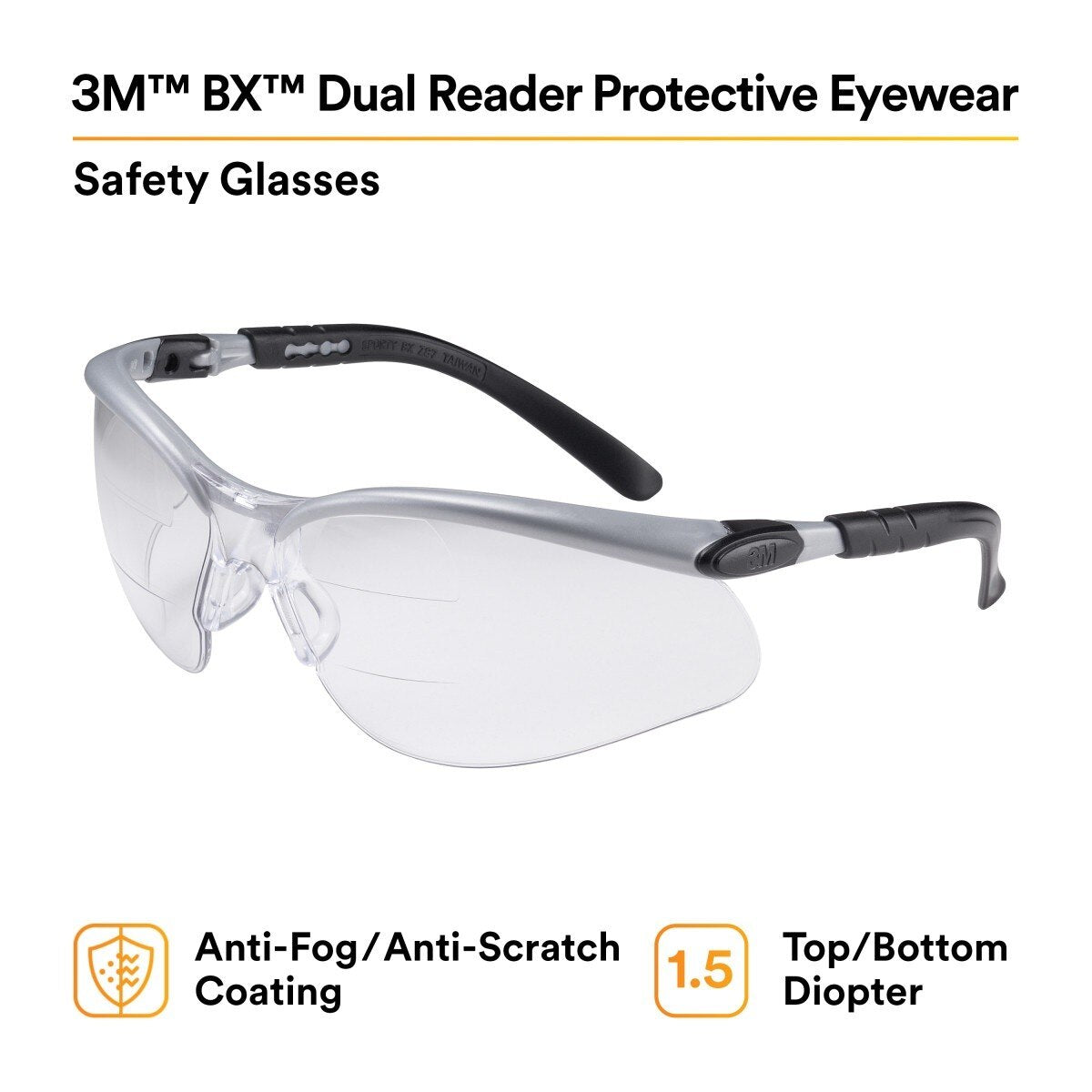 3M BX Dual Reader Safety Glasses, Clear Anti Fog Lens, Gray Black Frame, 1.5 Diopter (7000127661) (20 Pack) - 2