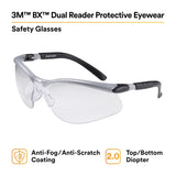 3M 11458-00000-20 BX Dual Reader Protective Safety Glasses, +2.0 Diopter, Anti-Fog Clear Lens, Silver/Black Frame (7000127662) (20 Pack) - 2