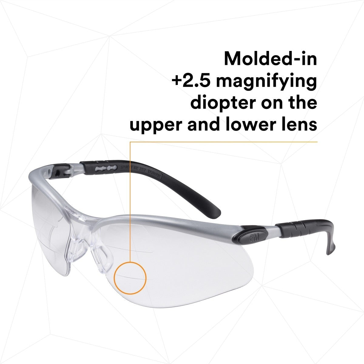 3M 11459-00000-20 BX Dual Reader Safety Glasses, ANSI Z87.1, Anti-Fog Clear Lens, Silver/Black Frame, +2.5 Diopter (7000127663) (20 Pack) - 3