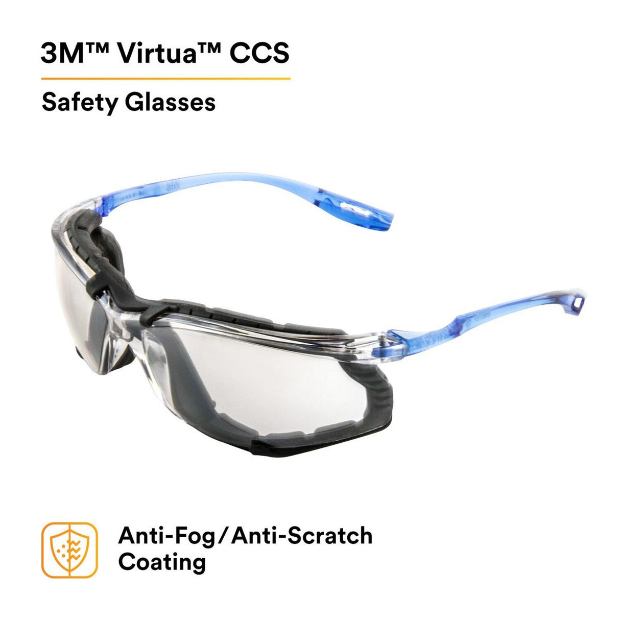 3M 11874-00000-20 Virtua Safety Glasses CCS Anti-Fog Indoor/Outdoor Mirrored Lens Blue Frame Removable Foam Gasket ANSI Z87.1 (7000128261) (20 Pack) - 5