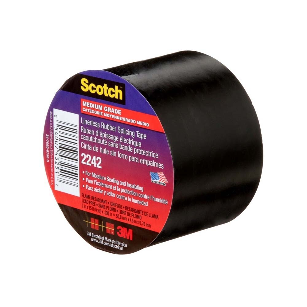 3M 2242-2X15FT Linerless Electrical Rubber Tape 2242, Black, General Purpose Self-Fusing Insulating Tape (7000132759) - 2