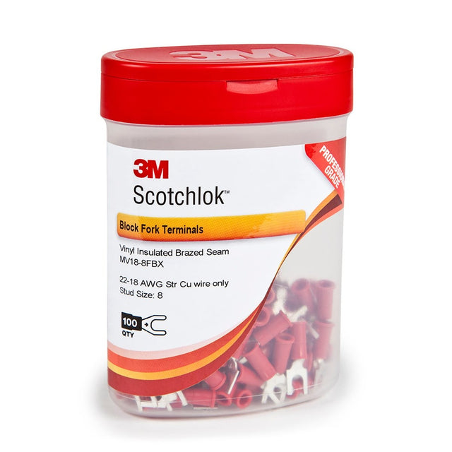 3M MV18-8FBX Block Fork Vinyl Insulated Terminals, Red, 22-18 AWG, Stud Size 8 (7000133323) (500 Pack)
