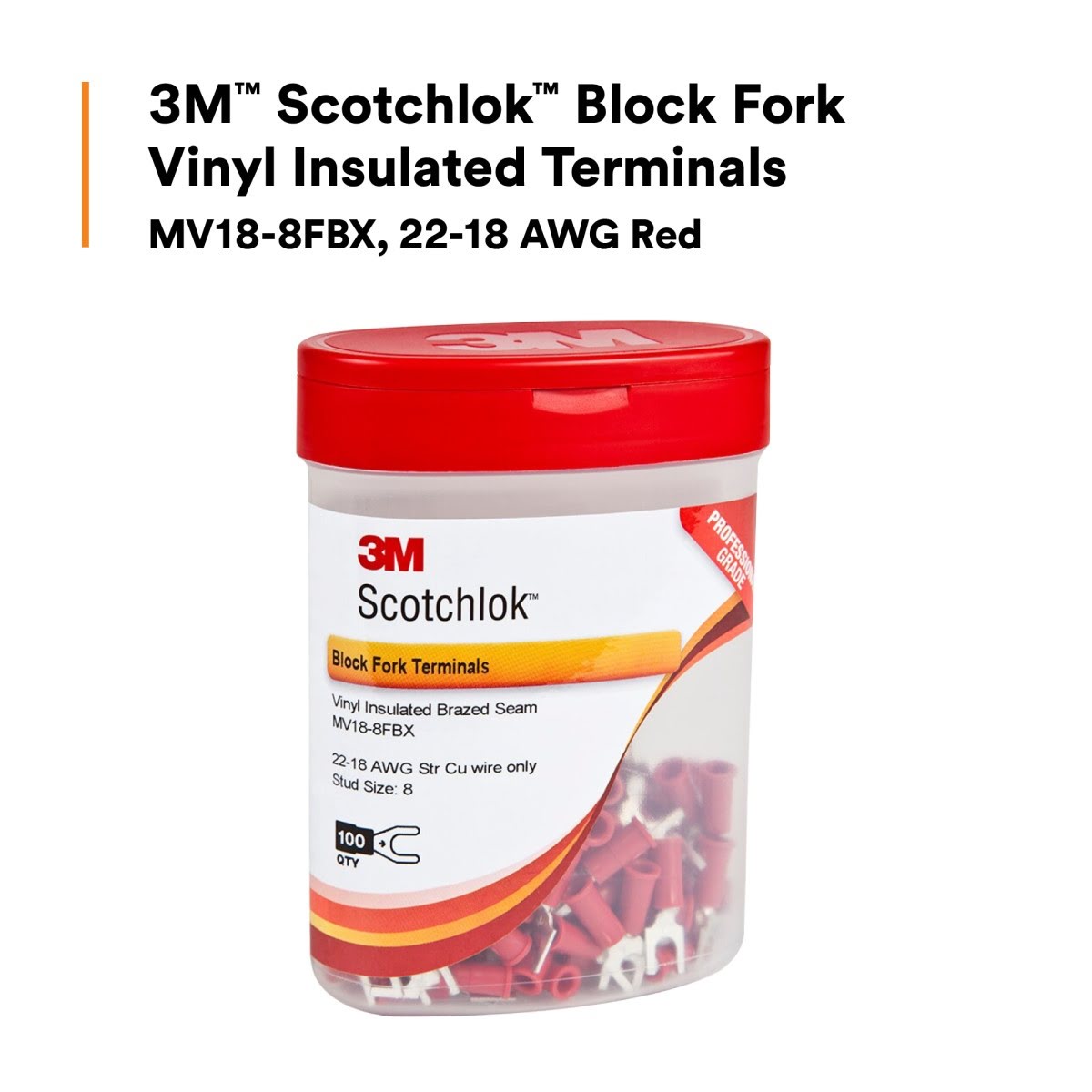 3M MV18-8FBX Block Fork Vinyl Insulated Terminals, Red, 22-18 AWG, Stud Size 8 (7000133323) (500 Pack) - 2