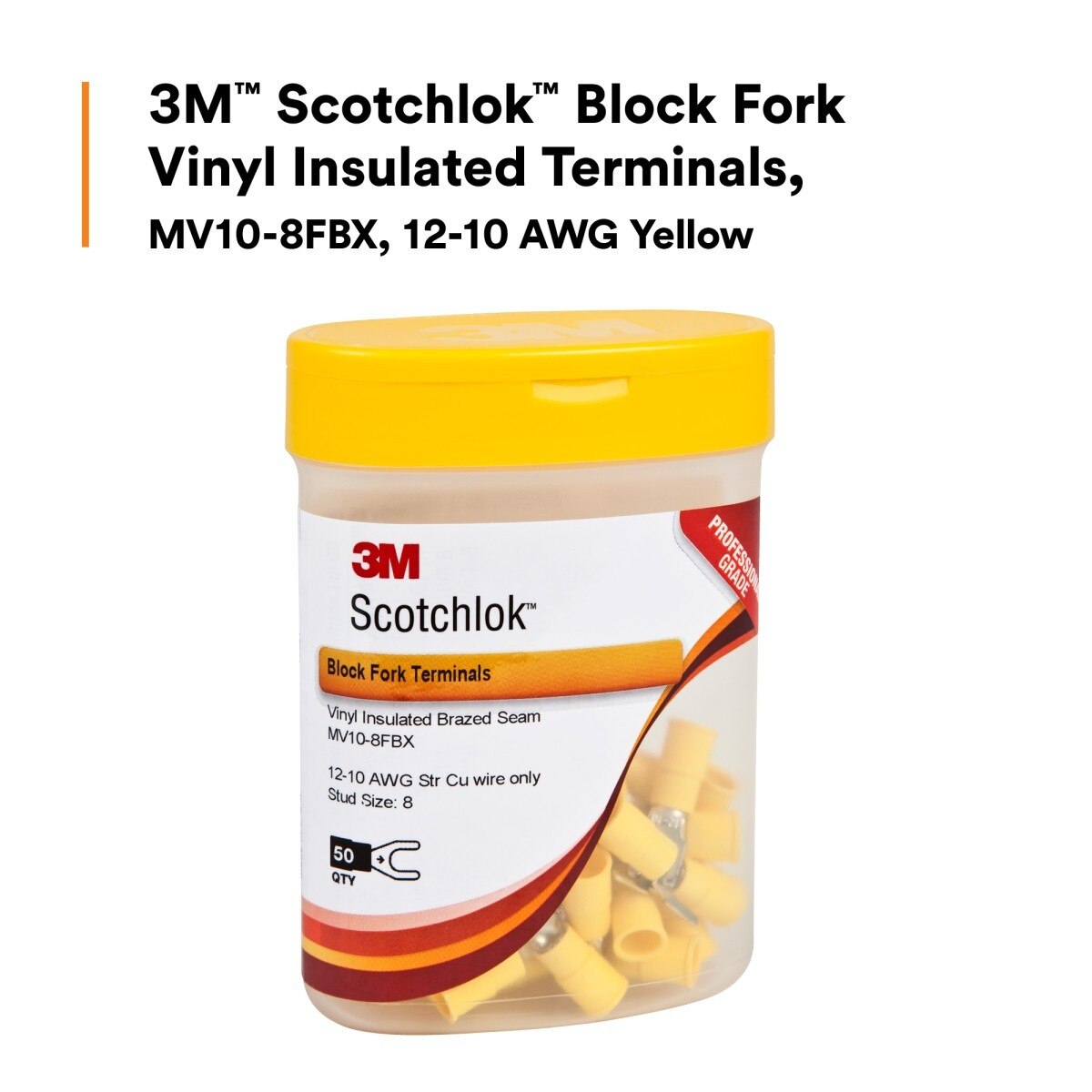3M MV10-8FBX Block Fork Vinyl Insulated Terminals, Yellow, 12-10 AWG, Stud Size 8 (7000133342) (50 Pack) - 2
