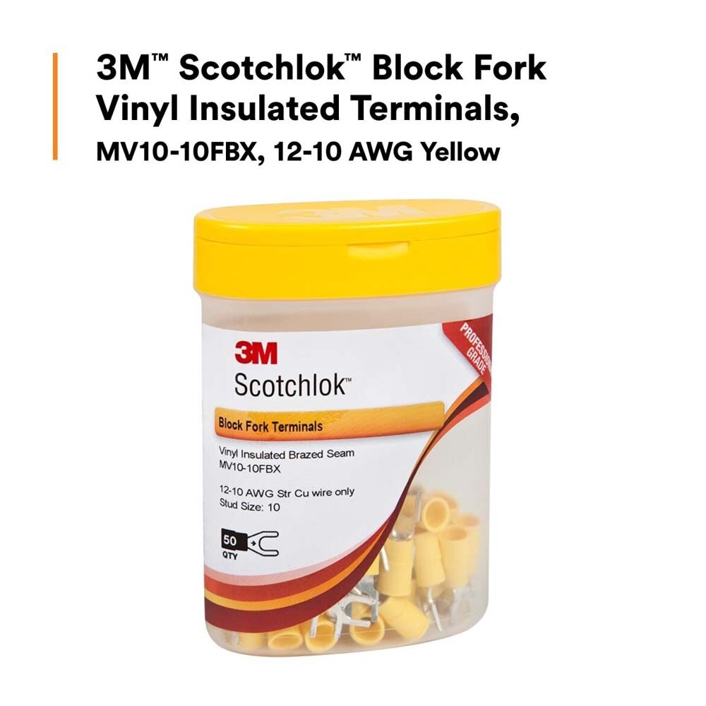 3M MV10-10FBX C3SD Scotchlok Block Fork , 12-10 AWG Yellow, Corrosion-Resistant, Vinyl Insulated Terminals, Bottle (7000133343) (50 Pack) - 5