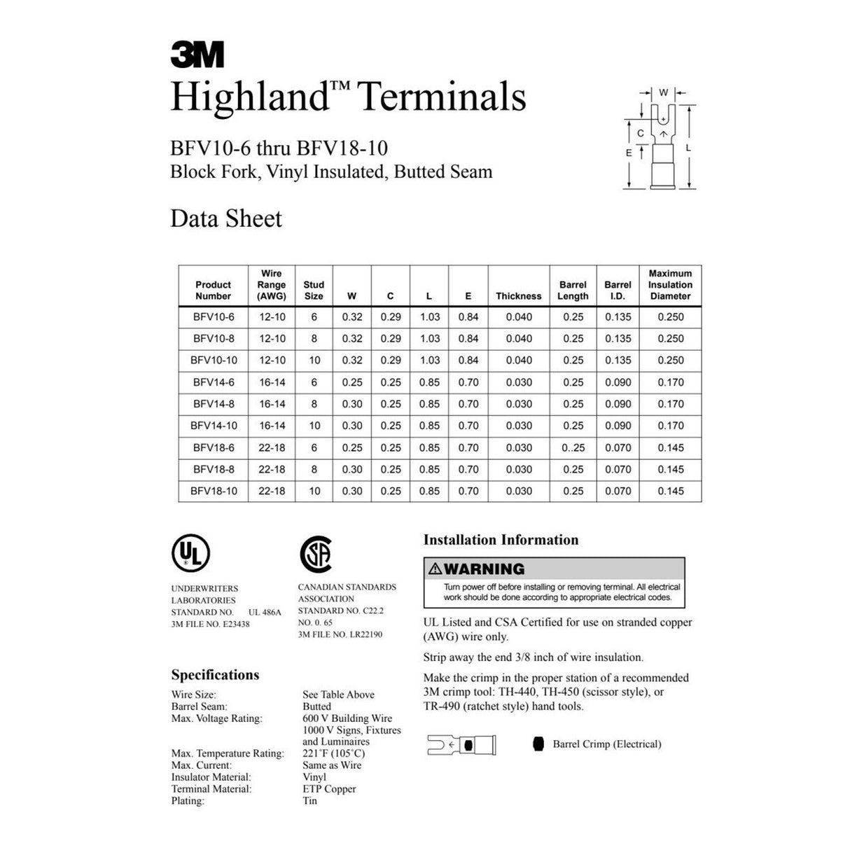 3M BFV10-8Q Vinyl Insulated Block Fork Terminal, AWG 12-10, Stud Size 8 (7000133647) (250 Pack) - 2