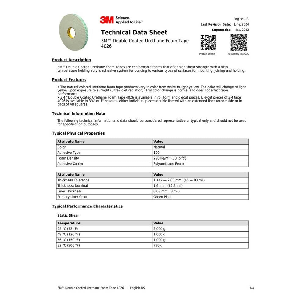 3M 7000144895 Double Coated Urethane Foam Tape 4026 Natural 62 mil (1000 Pack) - 2